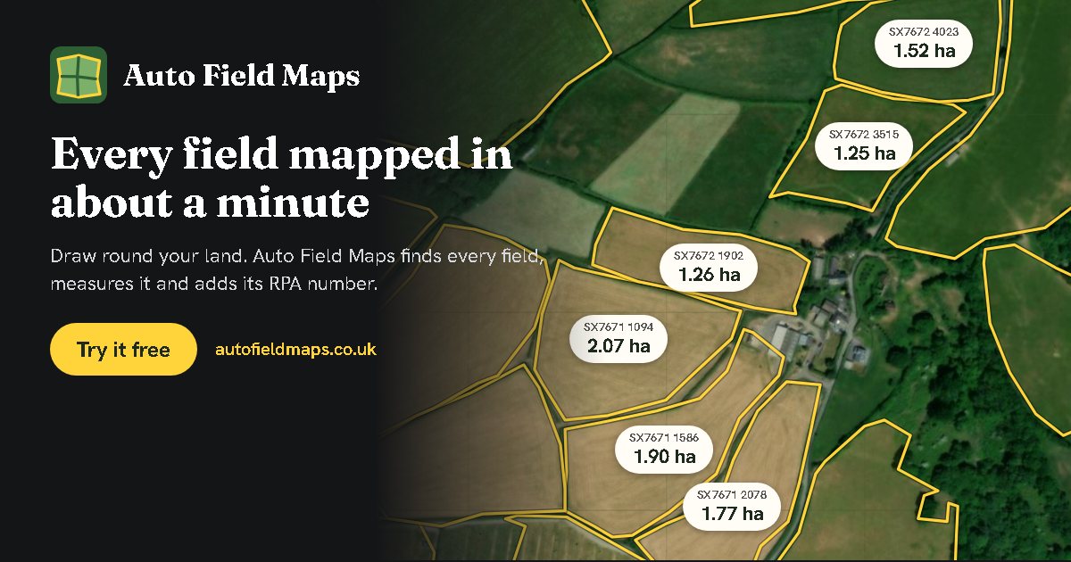 A farm map with every field outlined in yellow and labelled with its field number and size